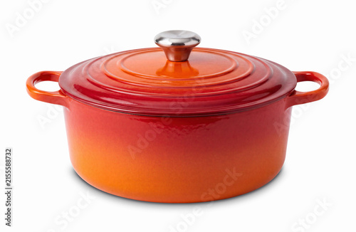 Orange enameled cast iron Dutch oven casserole pot with lid isolated on transparent background