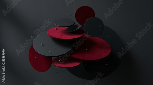 Conceptual floating abstract composition of red and black circles with small glittering elements