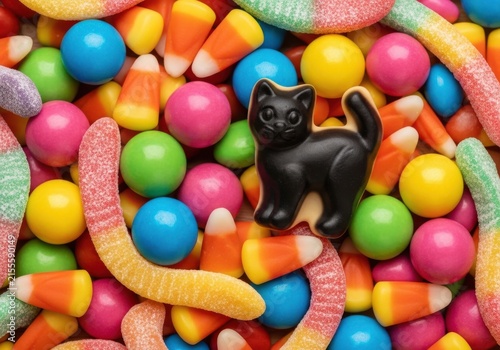 Assorted halloween candy mix featuring gummy worms, candy corn, colorful gumballs, and a black cat shaped gummy candy, topdown view