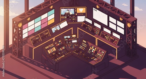 Vintage radio studio control room broadcasting equipment and live transmission setup retro technology design