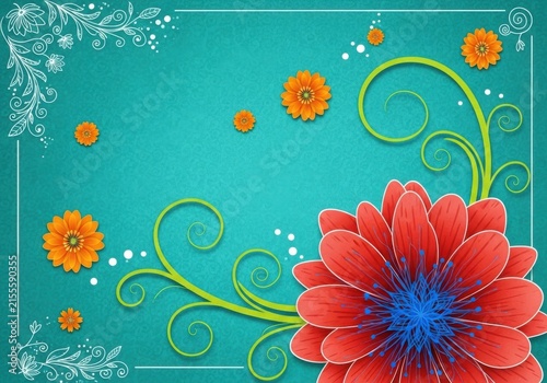 Decorative floral background with a large red flower, orange blossoms, and white line art swirls on a textured teal surface