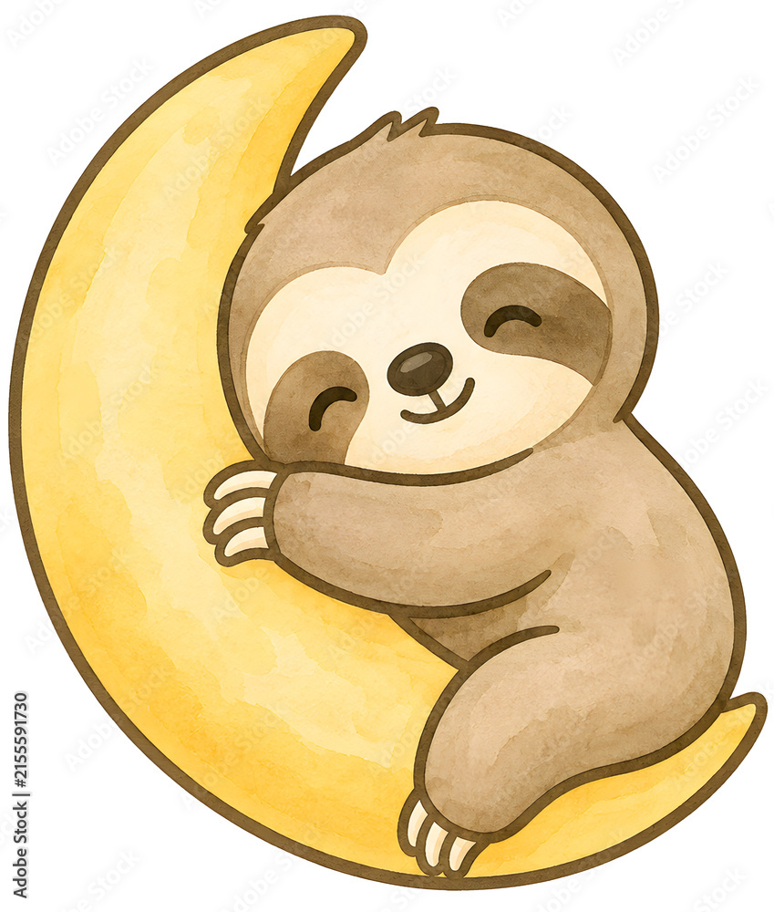 Naklejka premium Cozy baby nursery wall art print of a cute sleeping sloth hugging a yellow crescent moon, transparent PNG clipart ideal for sweet dream bedroom decor in soft watercolor illustration style