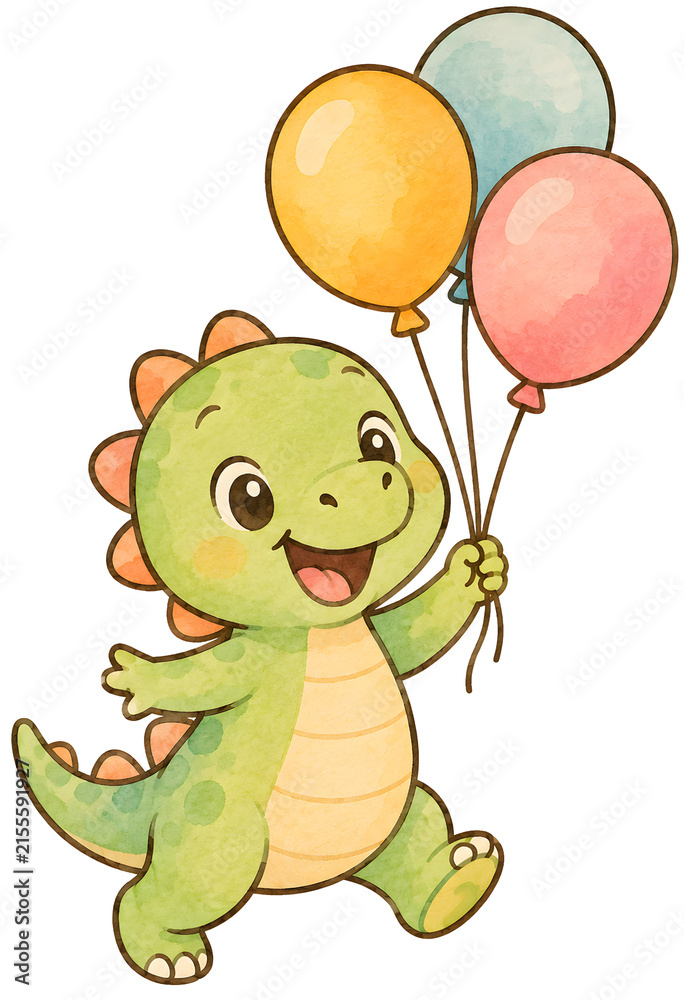 Fototapeta premium Beautiful festive invitation cards feature a cute watercolor baby dinosaur holding a balloon on transparent background to celebrate happy birthday party events with nursery illustrations