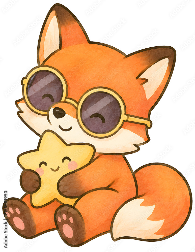 Naklejka premium Adorable watercolor baby fox character with sunglasses hugging smiling star on transparent background delights parents designing cozy nursery spaces with cute whimsical watercolor art prints