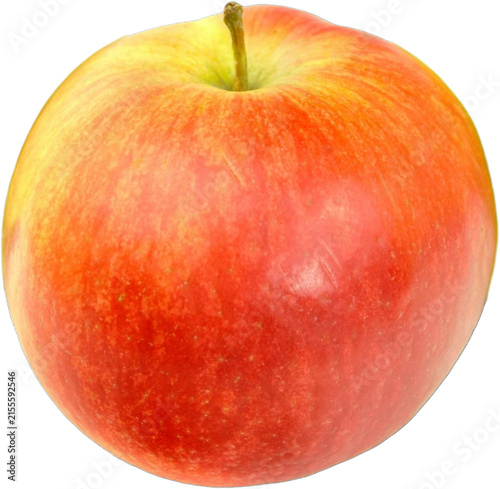 close up single glossy red apple with stem isolated on transparent background