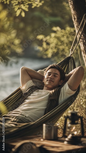 Young man sleeping in hammock by riverside forest on warm summer day