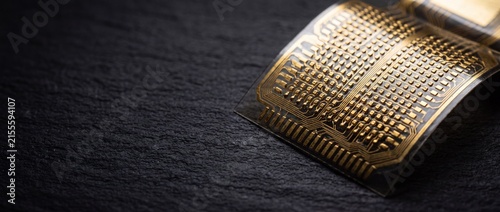 Macro view of flexible electronic circuit board with gold connections and components on dark textured background.
