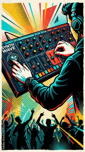 DJ with headphones mixing music on synthesizer at party