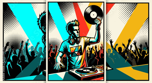 DJ with record at club, hands up crowd, vibrant spotlights, retro comic style