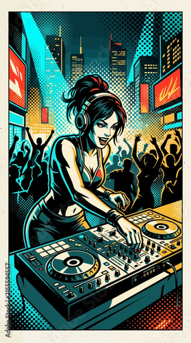 DJ Woman with Headphones Playing Music at Night Club Party with Crowd