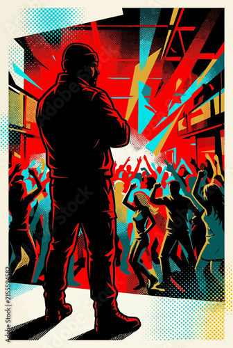 DJ watching dancing crowd at concert with colorful lights