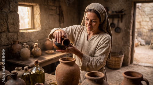 A poor widowed woman in ancient Israel pours olive oil from a small clay vessel into another clay jar.