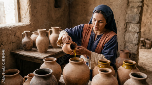 A poor widowed woman in ancient Israel pours olive oil from a small clay vessel into another clay jar.