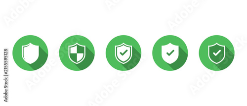 Shield protection icon set with long shadow. Security defense badge with check mark symbol