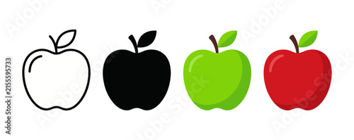 Four apples in different styles showcasing outline silhouette green and red variations
