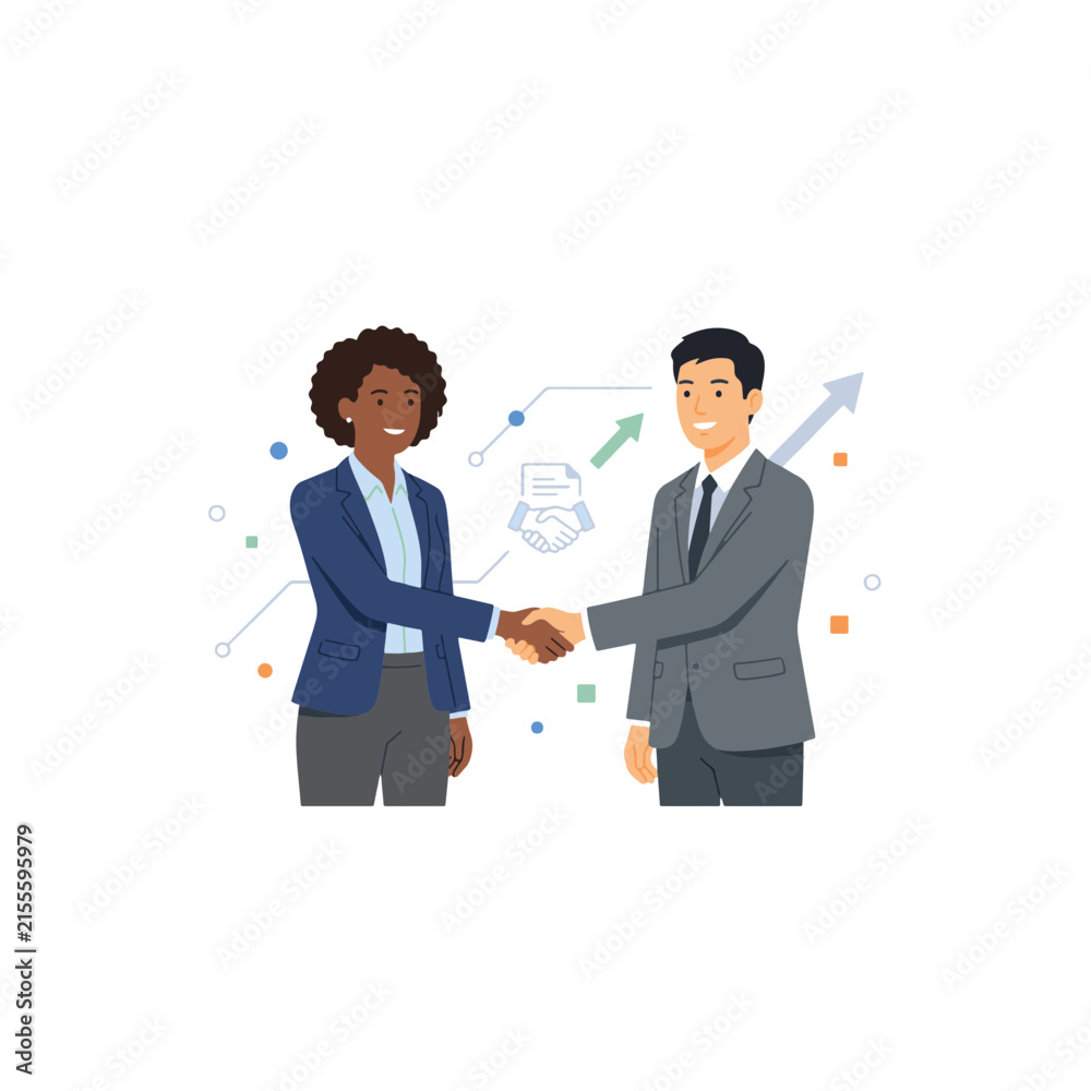 Fototapeta premium Business People Shaking Hands, Man and Woman Holding Hands in Corporate Partnership, Teamwork, Meeting and Successful Business Collaboration Vector Illustration