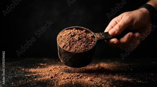 Scoop of Chocolate Protein Powder Held Over Dark Surface.