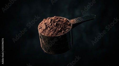 Scoop of Chocolate Protein Powder on Dark Background.