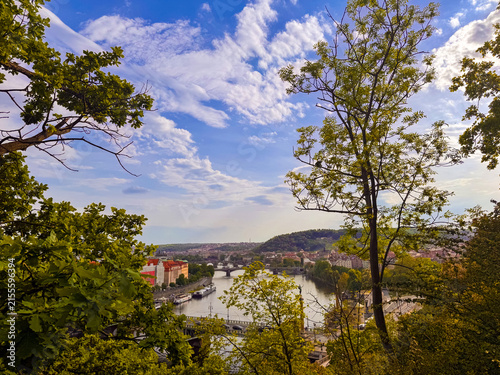 Картината върху платно View of Prague bridges and Vltava river from a green hillside during daytime