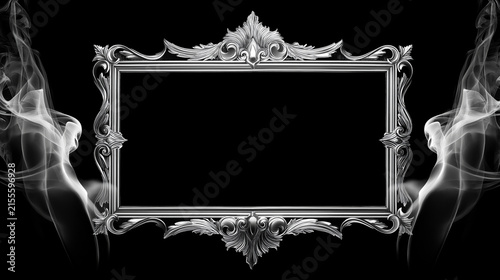  Luxury silver baroque picture frame with white smoke on black background, elegant vintage gothic border banner with copy space