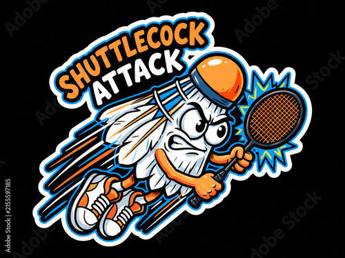 Cute Badminton Shuttlecock Mascot Sticker with Racket and Action Pose