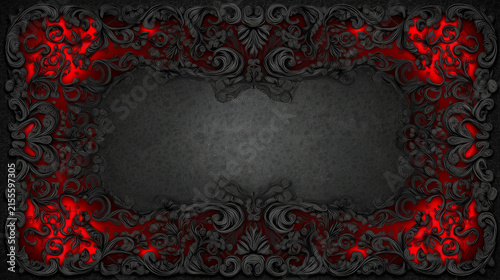  Dark baroque ornamental frame with glowing red light patterns, gothic filigree carved border on black concrete texture background