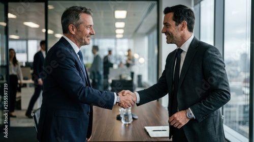 Two businessmen shaking hands in a modern office setting, symbolizing partnership and success.
