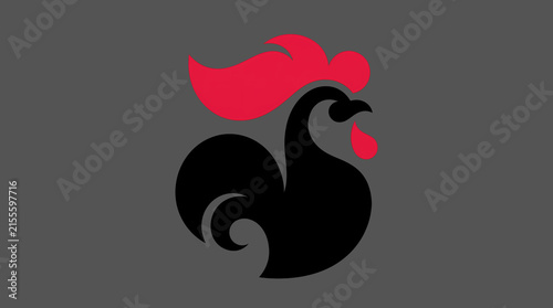 Black Rooster Silhouette. Red Rooster Crest. Farm Animal Emblem. Bold Decorative Vector Illustration