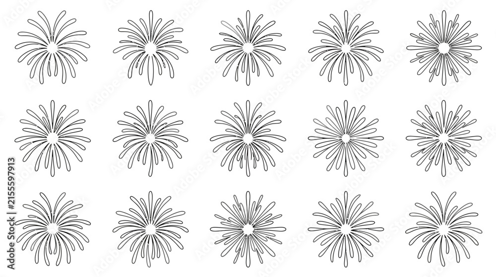 Obraz premium Collection of Fifteen Hand Drawn Firework and Sunburst Line Art Icons for Celebration Designs
