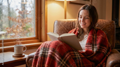 A young woman reading a book while sitting in a cozy armchair with a warm blanket and a hot drink