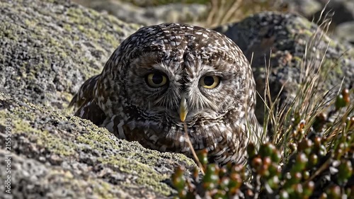 Camouflaged Rock Ptarmigan Bird Hiding Among Lichen-Covered Rocks and Sparse Vegetation in Alpine Environment