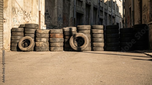 Photography Urban alley with stacked used tires and graffiti-covered building
