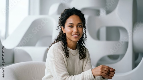 Young Woman Smiling Confidently in Modern Office Setting.