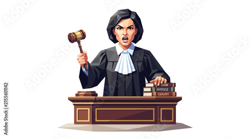 Female judge with gavel and law books illustration.