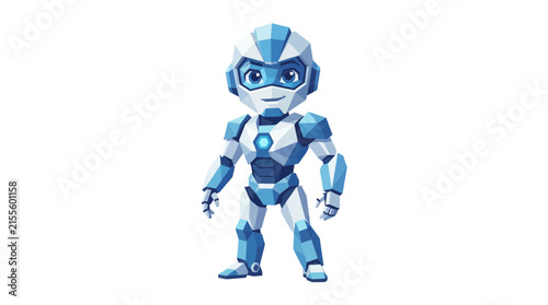 Blue geometric robot character standing isolated on white.