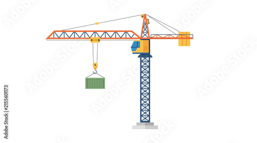High construction crane lifting shipping container at industrial site.