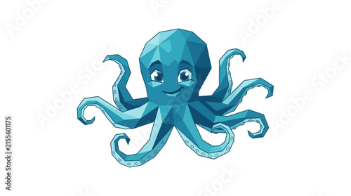 Smiling blue low poly octopus isolated on white.
