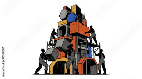 Industrial workers assembling complex modular structure as a team.