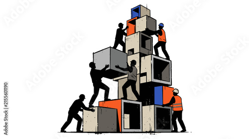 Workers stacking modular cubes for modern construction project.