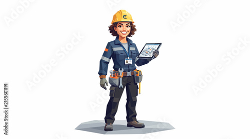 Professional female engineer in safety gear holding digital tablet.