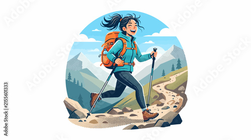 Female hiker walking on mountain trail with backpack.