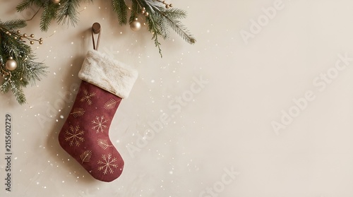 Christmas Stocking Hanging on a Festive Fir Tree with Red Ornaments for Winter Holiday Celebration and New Year Decoration