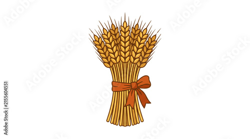 Golden wheat sheaf tied with red ribbon, ripe cereal grain bundle, organic harvest agriculture symbol on white background