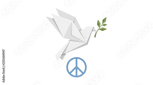 Origami peace dove with olive branch, white paper bird flying over blue peace symbol, minimalist anti-war concept