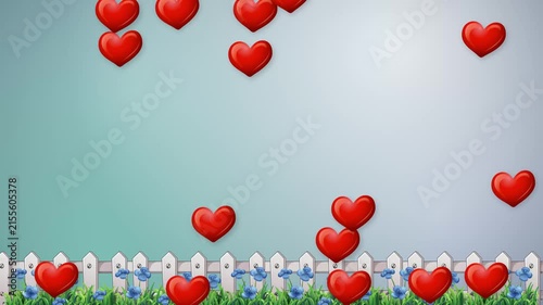 Red Hearts Falling Over White Picket Fence and Garden Animation