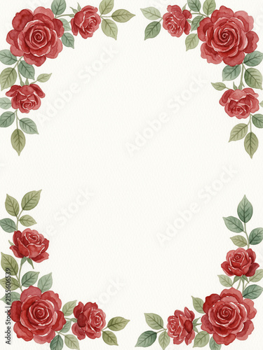 Romantic watercolor frame with deep red roses and green leaves decorating the corners of a warm ivory copy-space background.