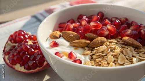 Healthy Yogurt Bowl With Pomegranate Seeds, Almonds, and Granola