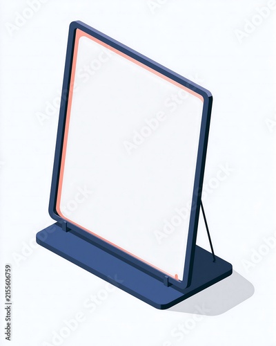 Isometric of a rectangular standing signboard with a dark blue frame and pink trim