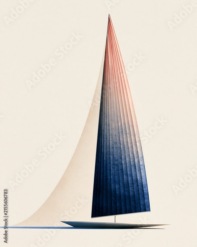 Minimalist sailboat sculpture with gradient blue and pink sail on a plain light