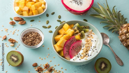 Healthy Yogurt Fruit Bowl with Mango, Kiwi, and Dragon Fruit